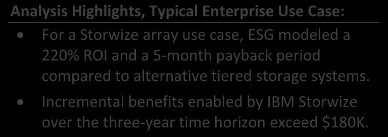 In the economic value model, V5030 and V7000 arrays are compared to alternative midrange Analysis Highlights, Typical Enterprise Use Case: For a Storwize array use case, ESG modeled a 220% ROI and a