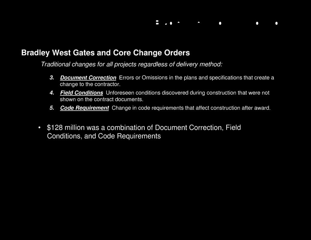 Bradley West Construct on Costs AIRPORTS DEVPI OPMENT GROUP Bradley West Gates and Core Change Orders Traditional changes for all projects regardless of delivery method: 3.