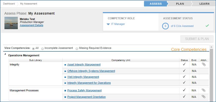Assess - My Assessment Employee performs a self-assessment against each competency unit within each competency role assigned