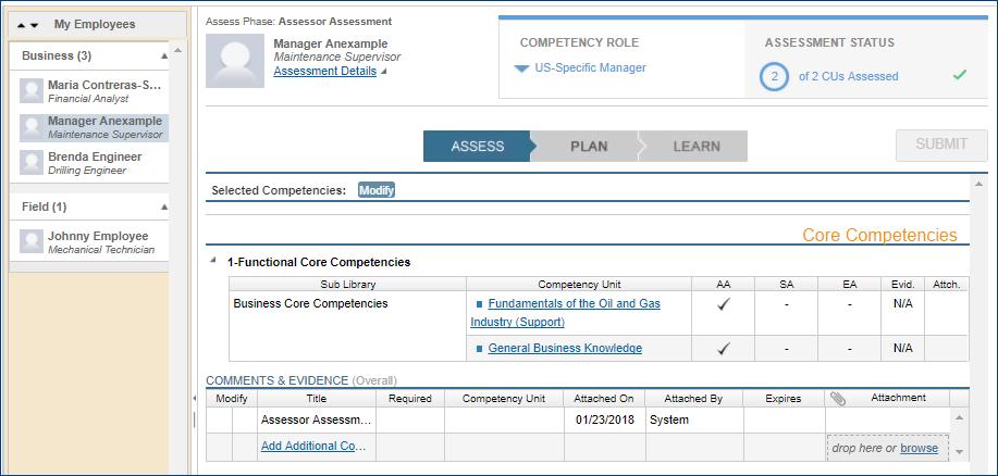 available employees assessments to assess Assessor selects which Competency Unit (CU) to assess Info button with