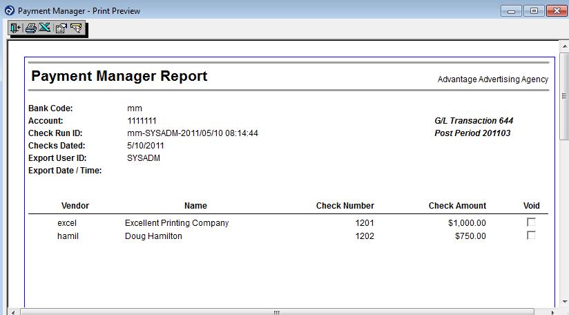Click on the Printer icon to print the Payment Manager report which displays the checks selected.