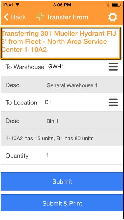 Transfer part Next to each warehouse location is a Transfer button. Tap Transfer on the location you want to transfer From.