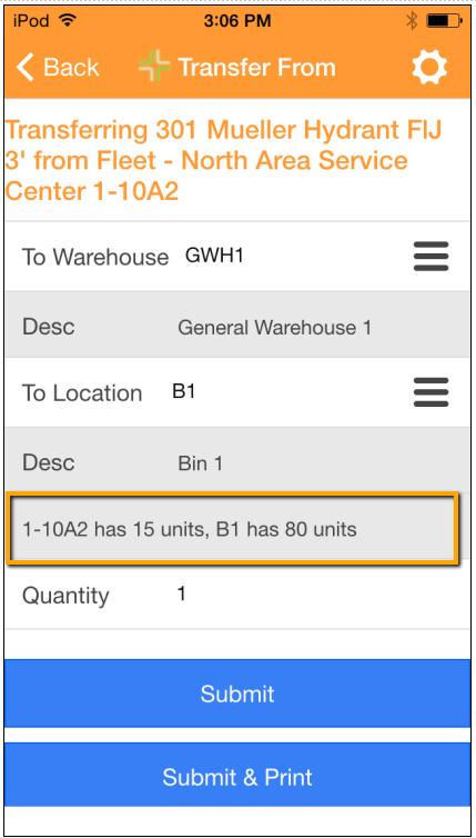 From/To Location Current Quantities - The From Location and To Location quantities are displayed under the To Location Description field. These values are ordered From Location Qty, To Location Qty.