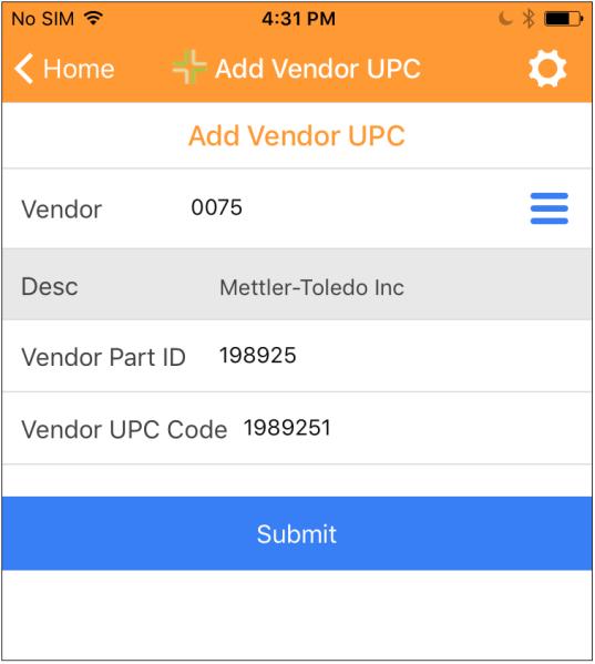 Attach Vendor UPC The button allows you to assign the part to a Part Vendor. Vendor This is a list of all vendors in your system. To see and select from the list, tap the Vendor field.