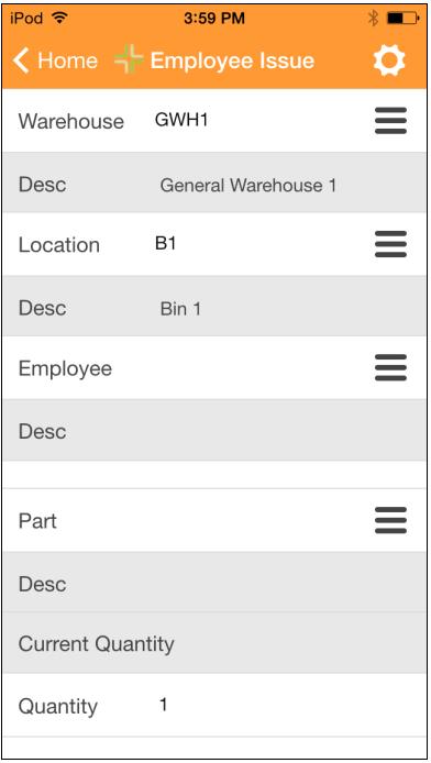 Employee Issue This tool allows the user to issue a quantity of parts to an employee. To access this tool, select the Employee Issue icon on the application home screen.