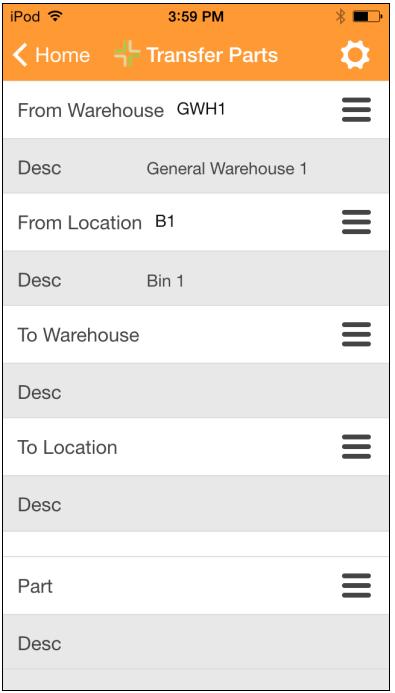 Transfer Parts This tool allows the user to transfer parts from one warehouse location to another. To access this tool, select the Transfer Parts icon on the application home screen.
