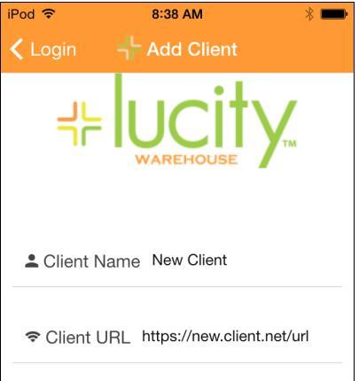 Enter the client name and URL Tap the button. You will be returned to the login page and your new client will now be available for selection.