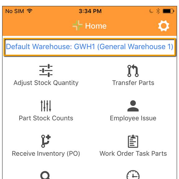 The warehouse selected will now be set as the default. The application s home screen will now display with the default warehouse listed at the top of the screen. 2.