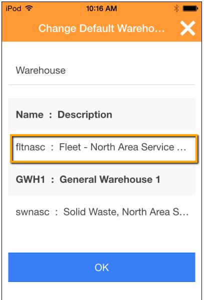 Tap on a warehouse to select it from the list. Tap after you have made your warehouse selection.