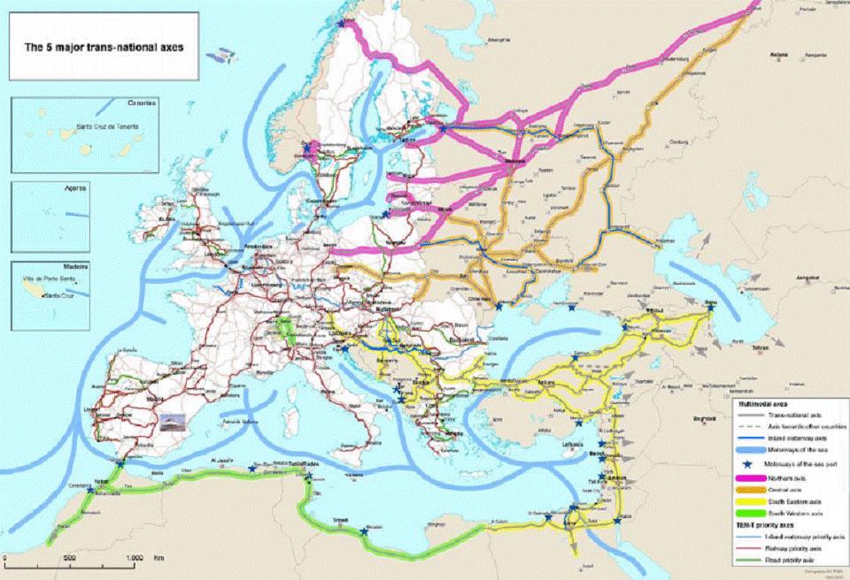 Corridor VIII westwards towards Spain, and to the South East of the Mediterranean to the Near East.