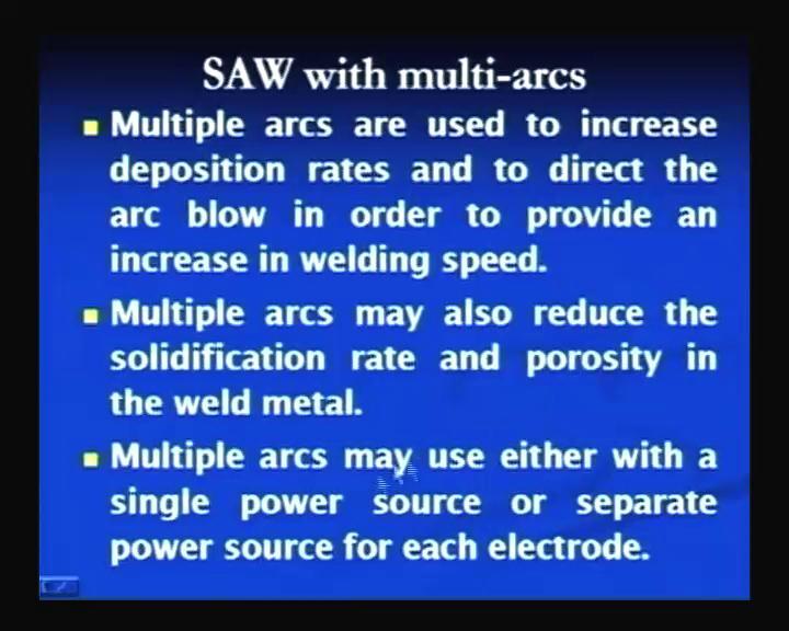 (Refer Slide Time: 49:54) Multiple arcs are normally used to take the advantage of the high deposition rates and also to use the arc blow in useful manner in order to provide the increase in welding