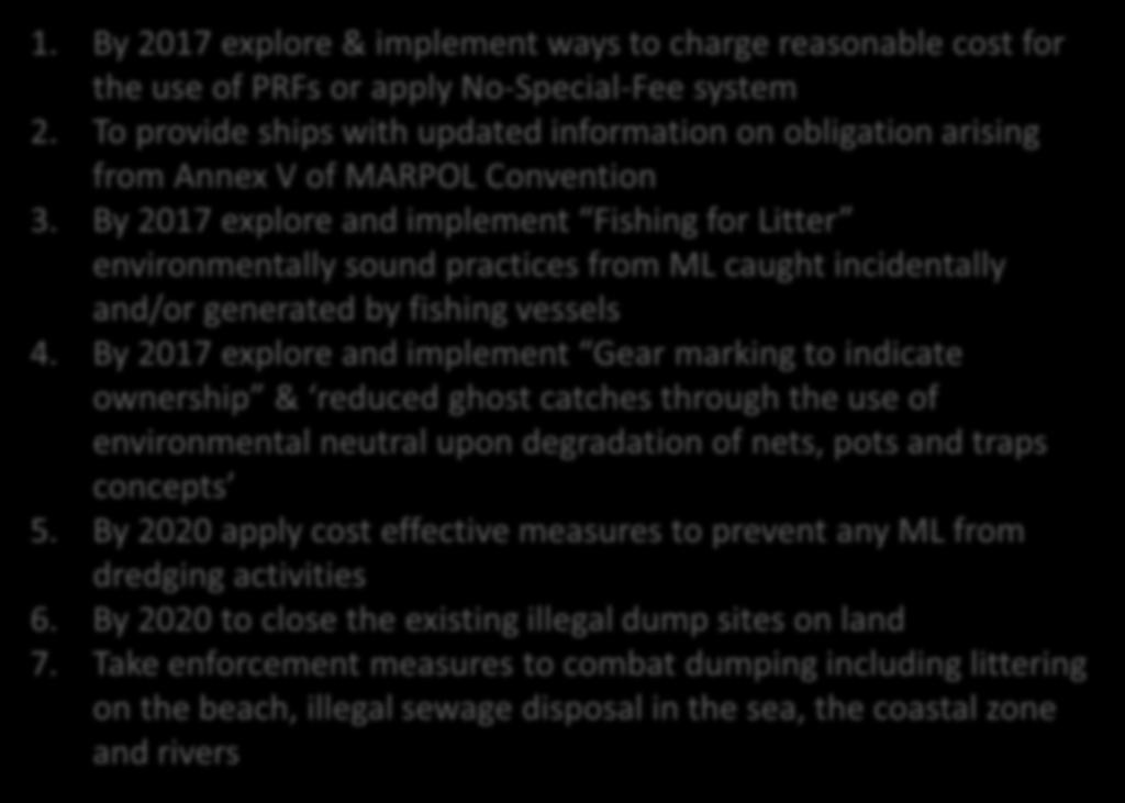 By 2017 explore and implement Fishing for Litter environmentally sound practices from ML caught incidentally and/or generated by fishing vessels 4.