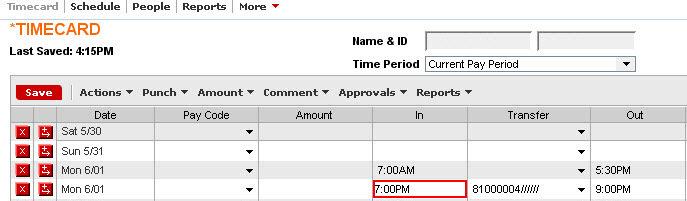 7. Click button. The Transfer will appear in the Transfer field of the timecard. Note: Transfers remain in effect on each day one is added, until you cancel them.