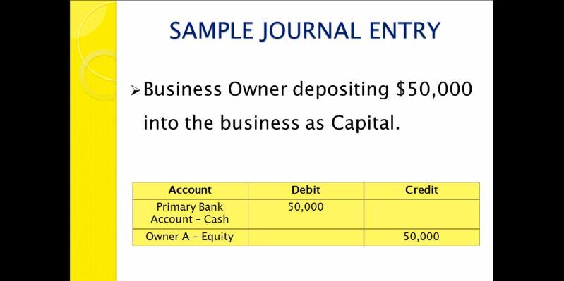 A sample of a Journal Entry (as shown above) using the Double Entry System, you would Debit the Bank Account with the $50,000 and Credit the Owner A - Equity with the $50,000.