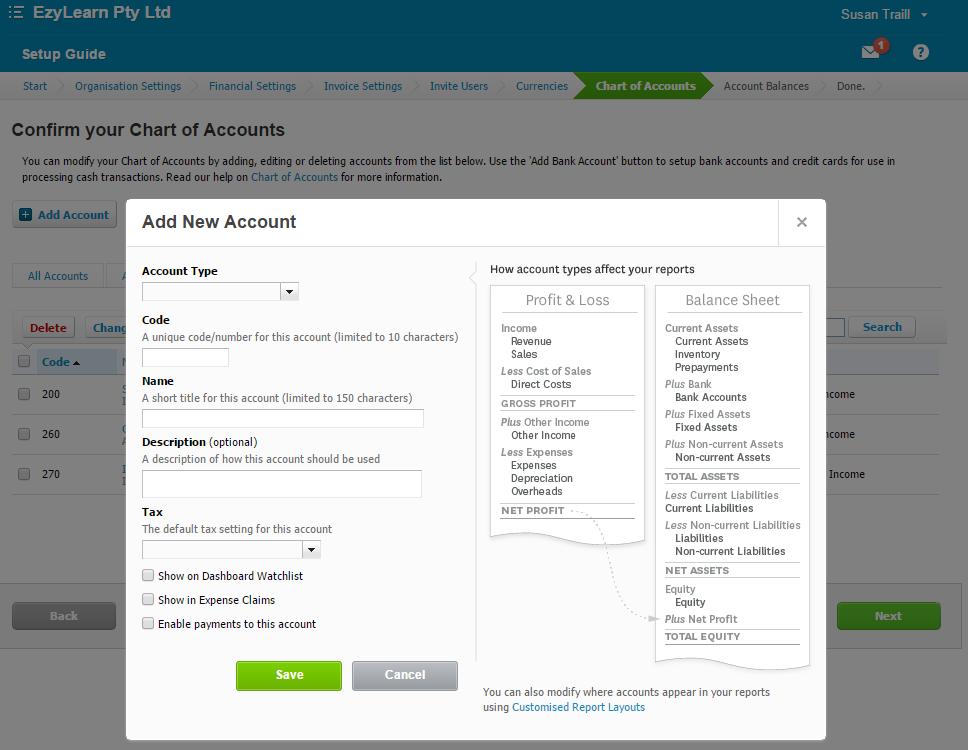 6. For now though we will cancel out of this screen. Click on the Cancel tab. You can also add an account to the chart of accounts. 1. Click on the Revenue tab. 2.