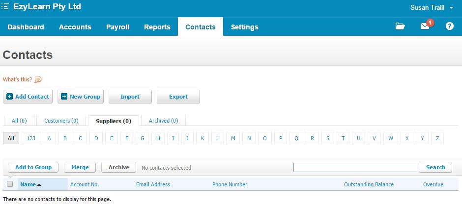 Xero 111 - Setup - Contacts - Add New Contact (t1) This video will show you how to setup a brand new Contact within your new xero file. 1. From the Main Dashboard click on the Contacts tab. 2.