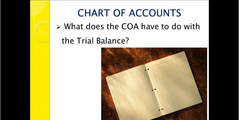 What does the Chart Of Accounts have to do with the Trial Balance? The Trial Balance shows the balances in each respective accounts in the Chart Of Accounts list.