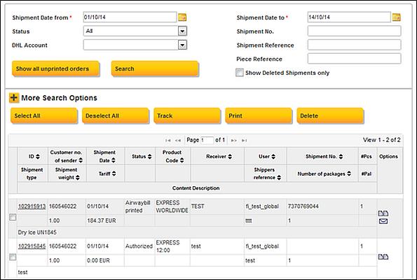 Shipment List Overview Select Shipment List Overview to view created shipments.