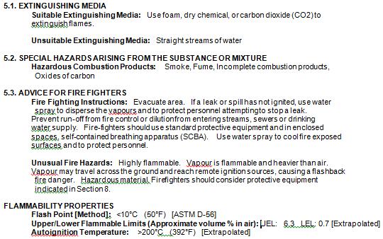 Section 5 This section provides general guidance on fire-fighting and on extinguishing agents to assist the most senior competent individual present at the incident. 5.1 Extinguishing media Information is provided on both appropriate and inappropriate extinguishing media 5.