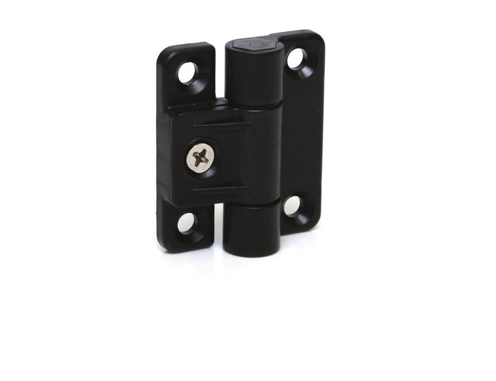 Model 01 HI Plastic Hinge Material Acetal polymer (POM) with zinc plated steel countersunk screw. Pin material Polycarbonate Colour Black or white. Other RAL colours available (MOQs apply).