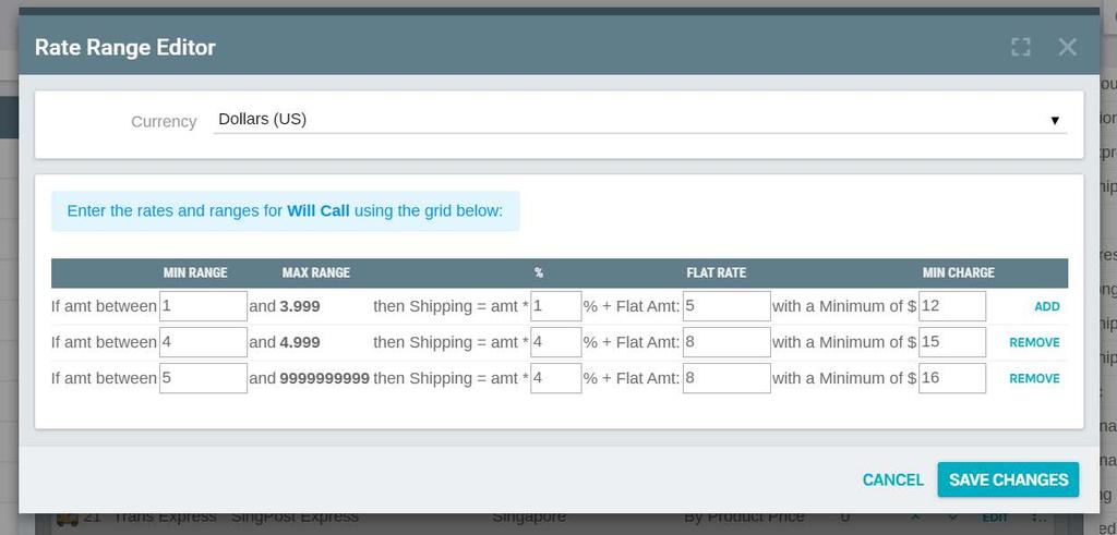 EDIT RATE RANGE When you select a ship method and then click on the Edit Rate Range button, the following popup will appear: You may now configure your schedule (based on price or weight) for how you