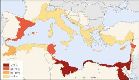 Mediterranean Basin water pressure Pressure on water in Mediterranean Basin in 2000 Source: EUWI MED The high water shortage can be presumed to show that water demands cannot be entirely