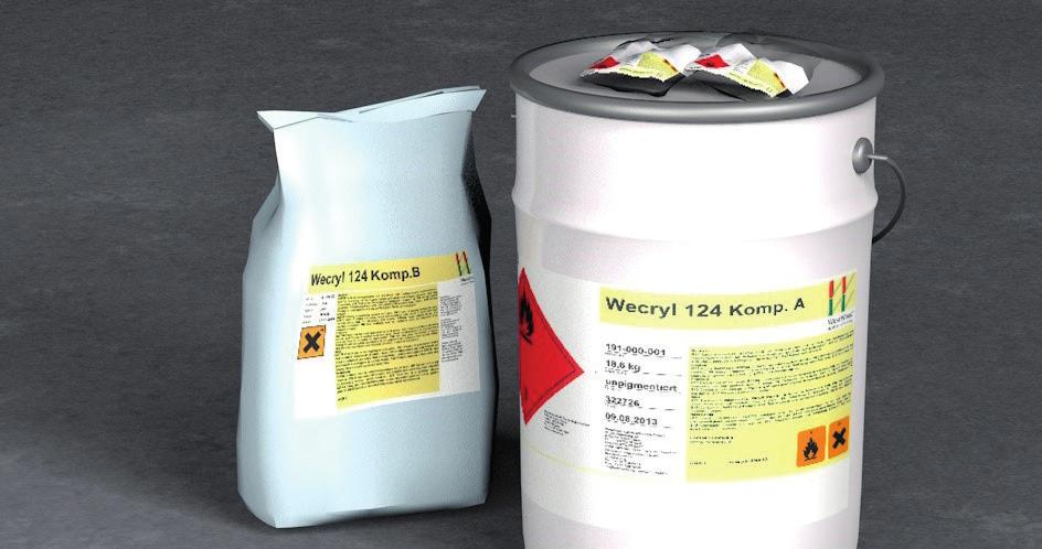 Add the correct amount of catalyst (%age shown in data sheet as a proportion of the total quantity of Wecryl 124, Comp. A + Comp. B = 28.6 kg) to the mixture and mix for 2 minutes.