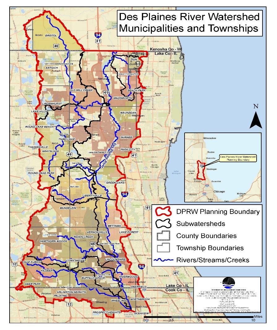 only a portion of the entire Des Plaines River watershed, which covers 1,455 square miles in Southeastern Wisconsin and Northeastern Illinois and is part of the larger Illinois and Mississippi River