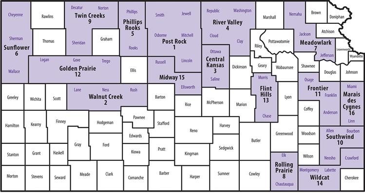 Q: How many counties in Kansas have already formed districts? A: Forty-four counties have formed 16 Extension Districts across the state.