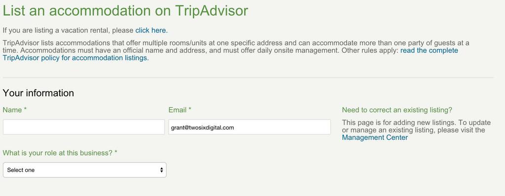 Set up tripadvisor Once the correct business type is selected, fill out the form with the correct