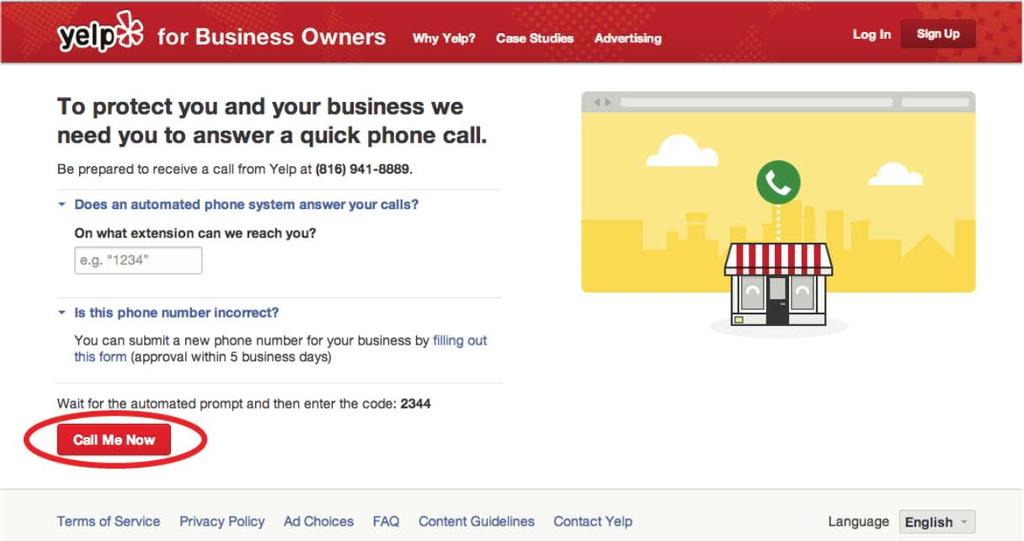 Set up yelp You ll now need to verify with Yelp to finalize the process.