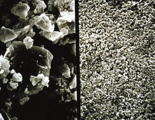 Photo courtesy of: Silica Fume Association Interaction of cement grains (left) and microsilica fume (right) takes place at the nanoscale.