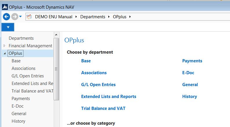 Dynamics NAV navigation pane placed below the Financial Management menu by default: The OPplus menu