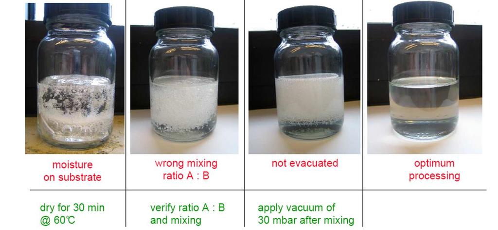 Working with crystal clear / transparent potting compounds Moisture on substrate Ratio A : B wrong