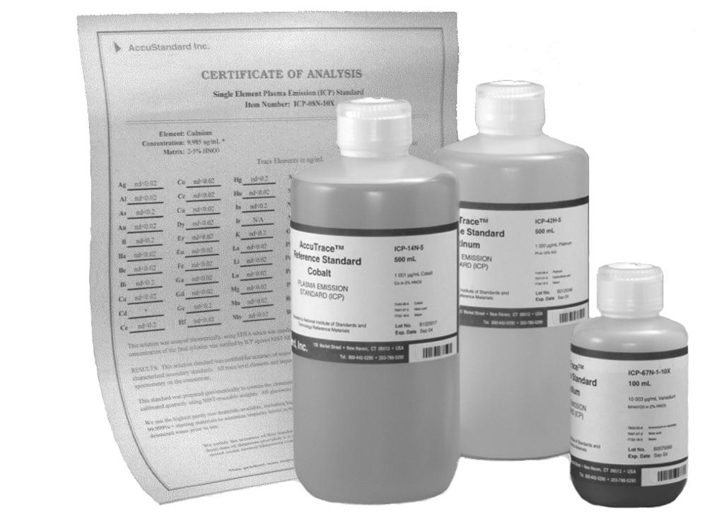 Inorganic Standards INO ICP, ICP/MS, AA, Ion Chrom Used for influent and effluent monitoring in aqueous matrices by ASTM and other EPA Methods in the Petrochemical Industry.