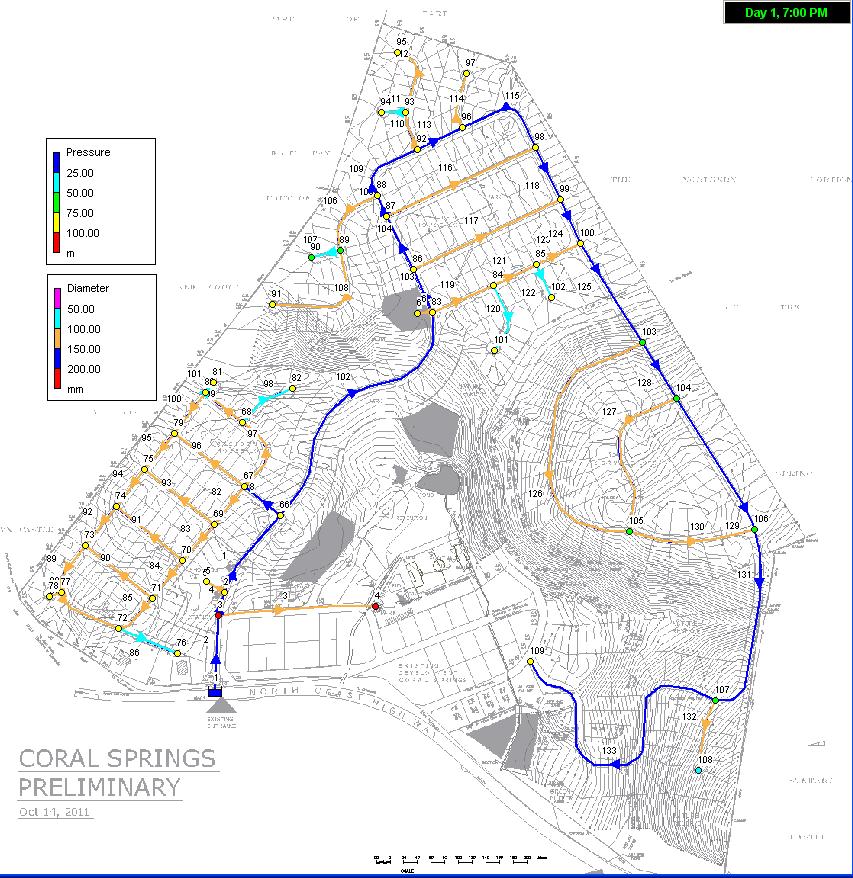6 Figure 3 Water distribution model for the proposed Coral Springs Development The nodes were assigned a base demand equal to the average water