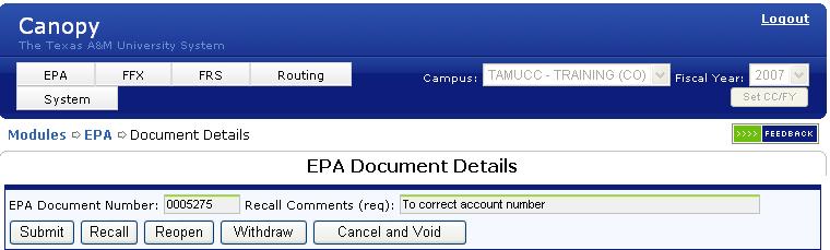 Recalling EPA documents Search for the document you want to recall by clicking on the My Documents button after