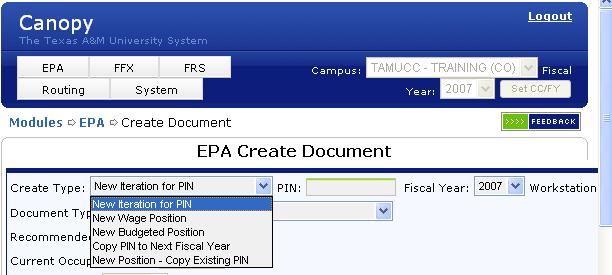 Creating a new EPA document Begin by selecting Create Document from the EPA Module tab. You have two or three initial questions that must be answered before you begin the document.