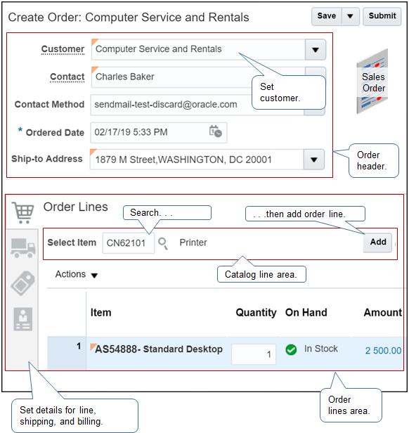 Chapter 1 Overview Create Sales Orders Here's an example of a sales order you can create. Note. Use the order header to add details about the customer.