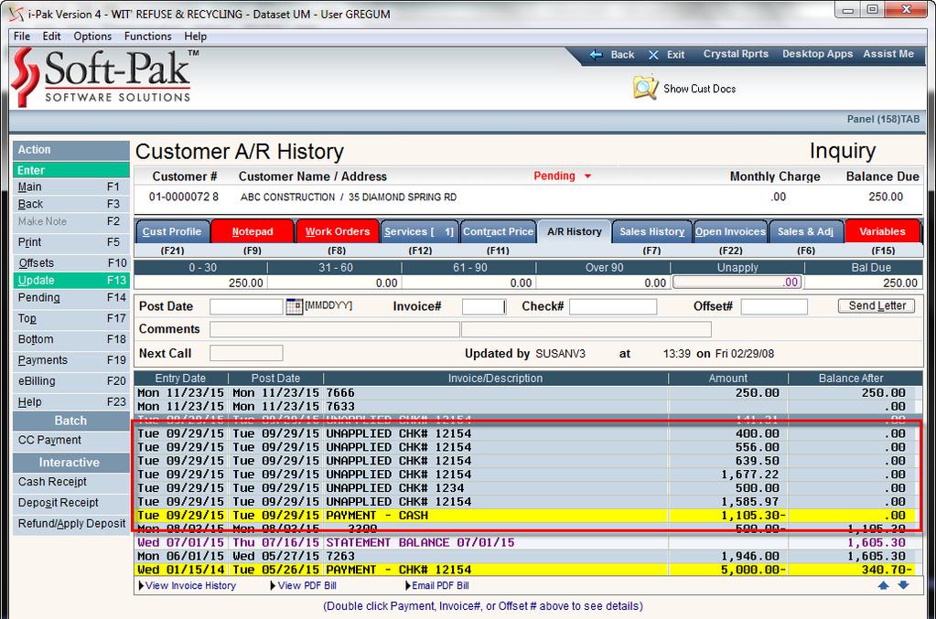 In the A/R History transactions, when unapplied is applied to an invoice, the check number will be displayed on the line