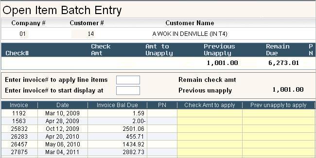 Fill in the Customer # and leave the Check # and Check Amt BLANK. Press Enter to display the Open Invoices for the customer.