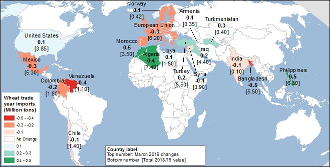 Map C2 Wheat trade-year import changes for 2018/19, March 2019 Source: USDA,