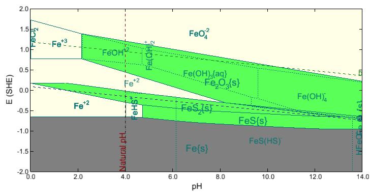 The plot now shows that FeS 2 (marcasite or pyrite) form at the electrochemical potentials around the water reduction line.