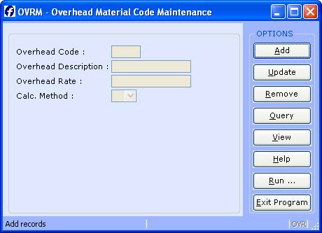 OVRM- OVERHEAD MATERIAL CODE MAINTENANCE Introduction The overhead material code maintenance program is used to setup the calculations for the different cost factors of landed cost.