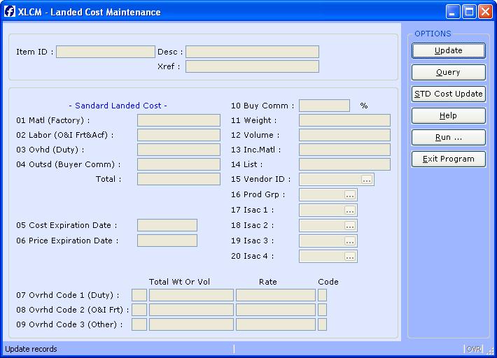 XLCM- LANDED COST MAINTENANCE Introduction The purpose of the XLCM program is to record the overhead codes used to calculate landed cost.