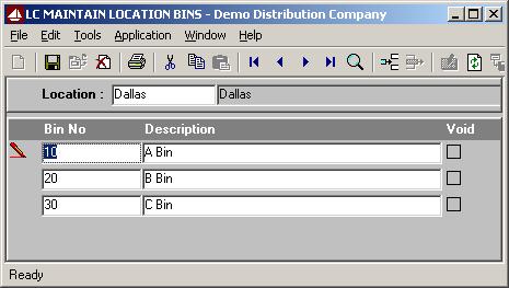 Maintain Location Bins The Maintain Location Bins Utility is used to setup bins. If bins are setup, they will be validated when a bin is entered for a lot / bin tracked item in the shipment.