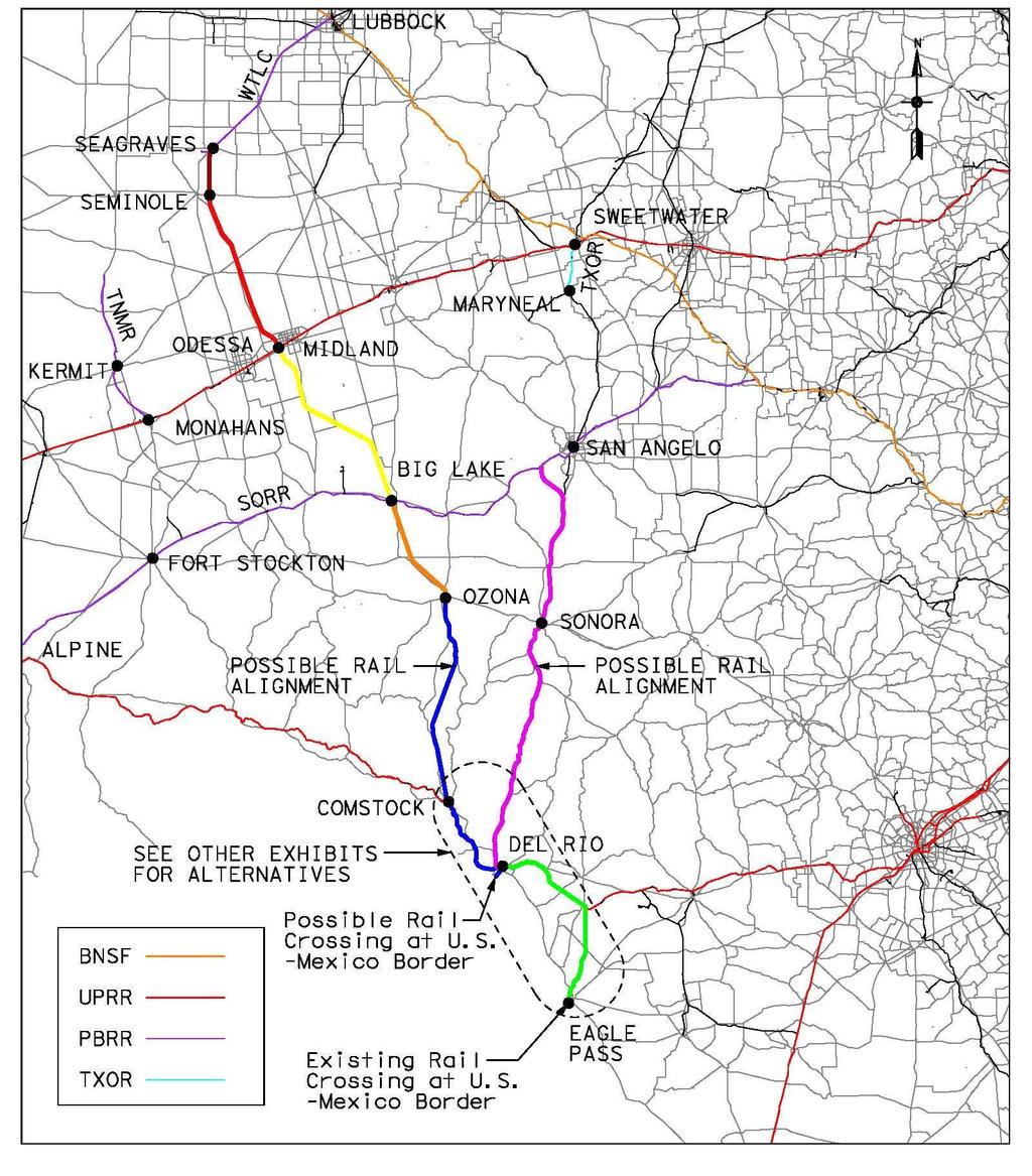 Figure 5.1 Conceptual Alignments Alternative 1: Seagraves to Del Rio (all new track) The route for Alternative 1 connects Lubbock to Seagraves by way of the existing WTLC track.