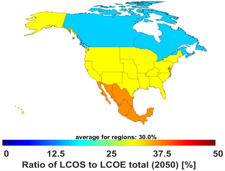 1 /MWh A 62% ratio of the primary generation cost to the total LCOE can be observed, in a range of 30% - 72% for 75% of regional power