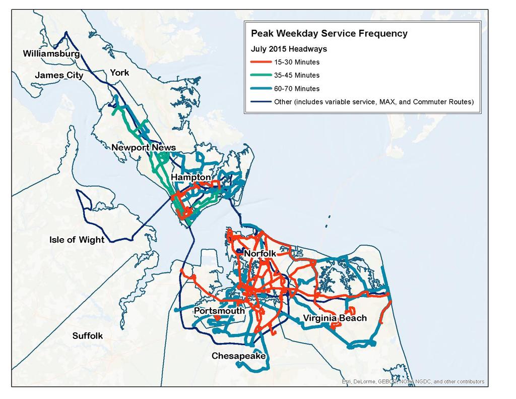 Figure 5: HRT Bus Network by Service Frequency Source: Hampton Roads Transit spatial and service data. Mapping by EDR Group.