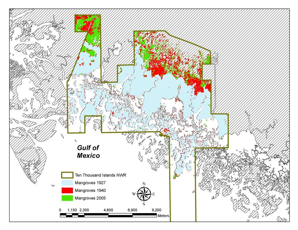 Case study: Mangrove Expansion Ten Thousand Islands NWR Mangrove Area 1927: 5,403 ha 2005: 7,281 ha 35%
